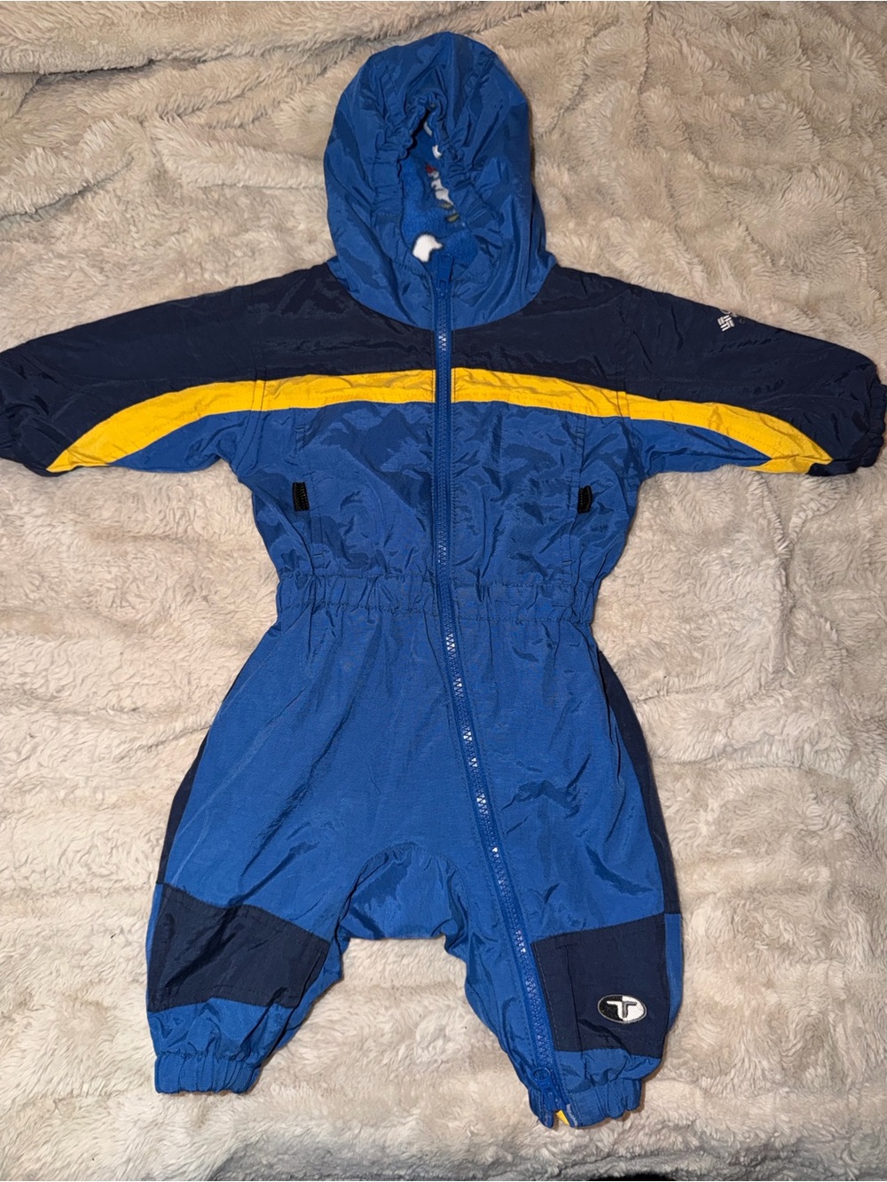 Vintage Toddler Blue and Yellow Hooded One-Piece Snowsuit